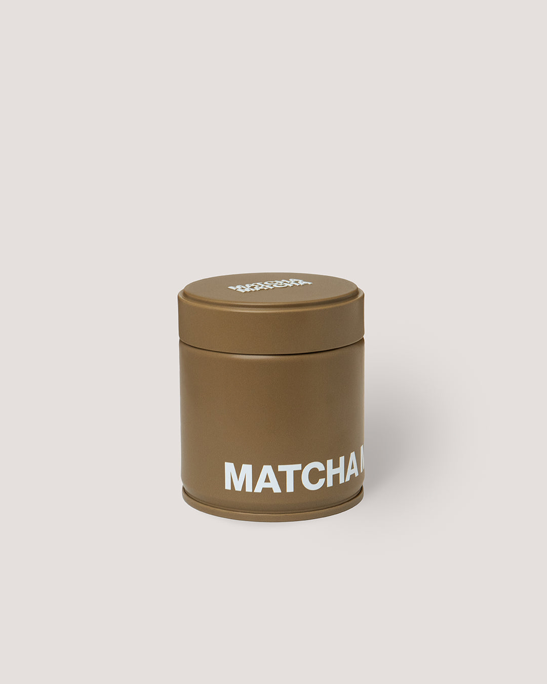 Front view of Hojicha Can, brown tin with white logo, premium hojicha powder from Uji, Kyoto.