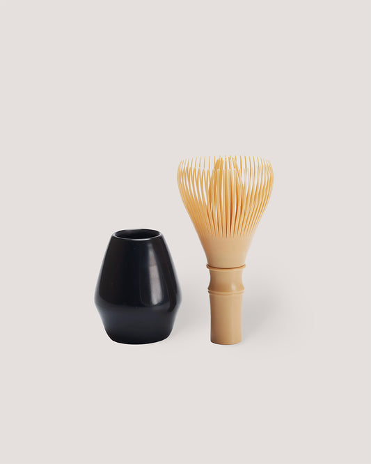 Resin matcha whisk set with stand, made in Japan. Heatproof, durable tool for whisking ceremonial matcha tea or lattes at home.
